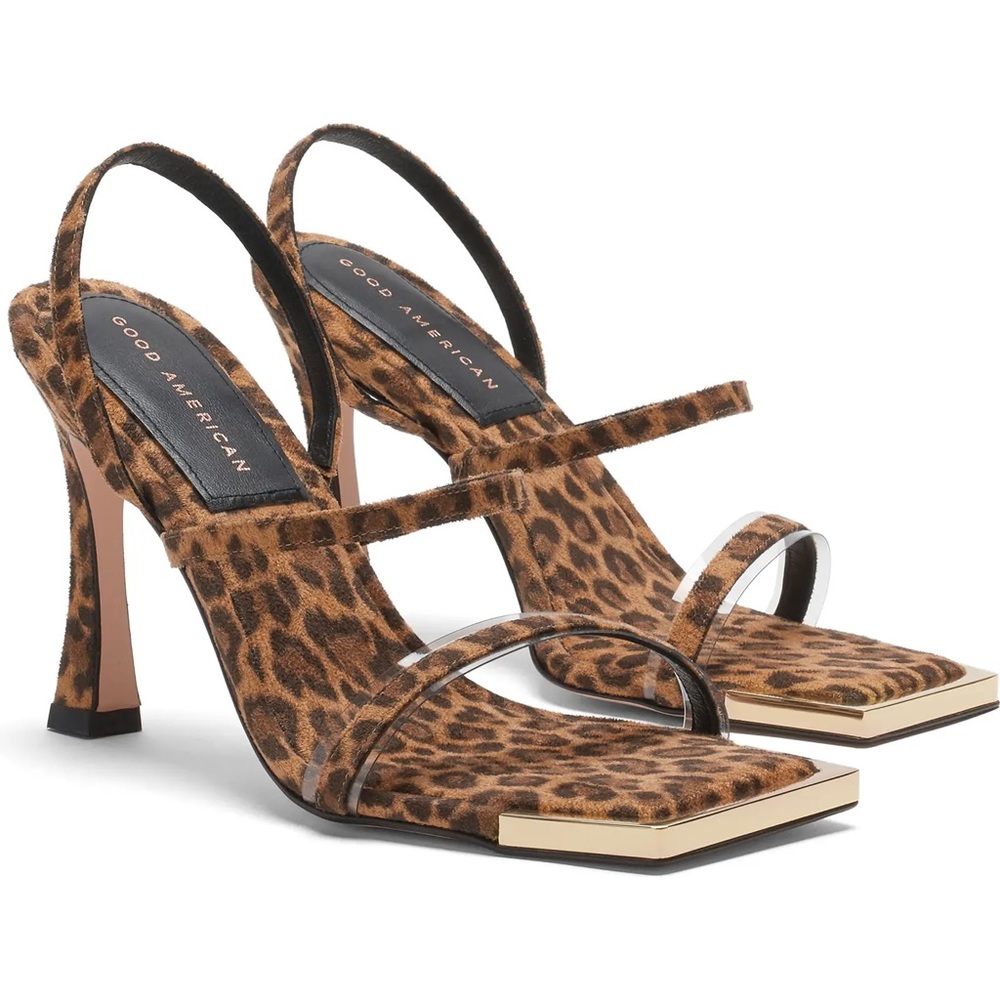 Good American Heeled Sandals, Square Toe, Leopard Print, size 8.5, New